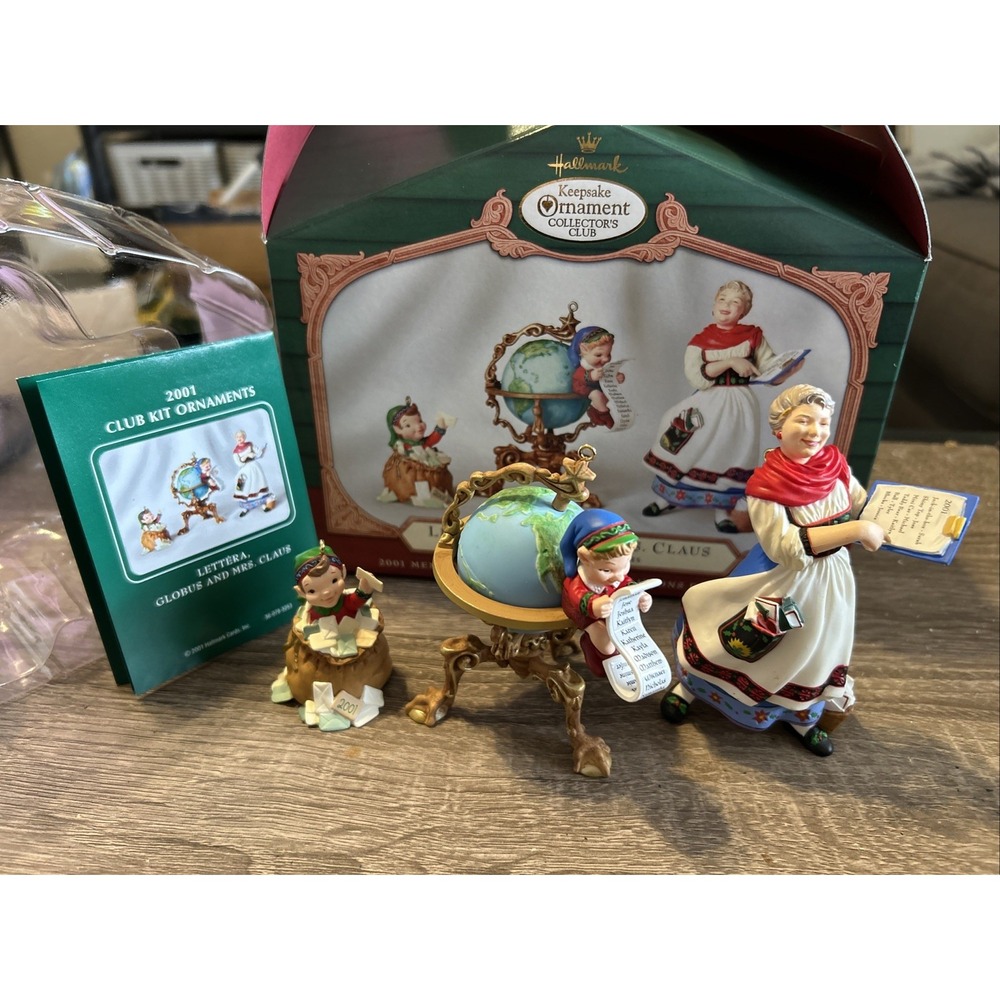 2001 HALLMARK Keepsake LETTERA, GLOBUS & MRS. CLAUS Ornament Set Collectors Club